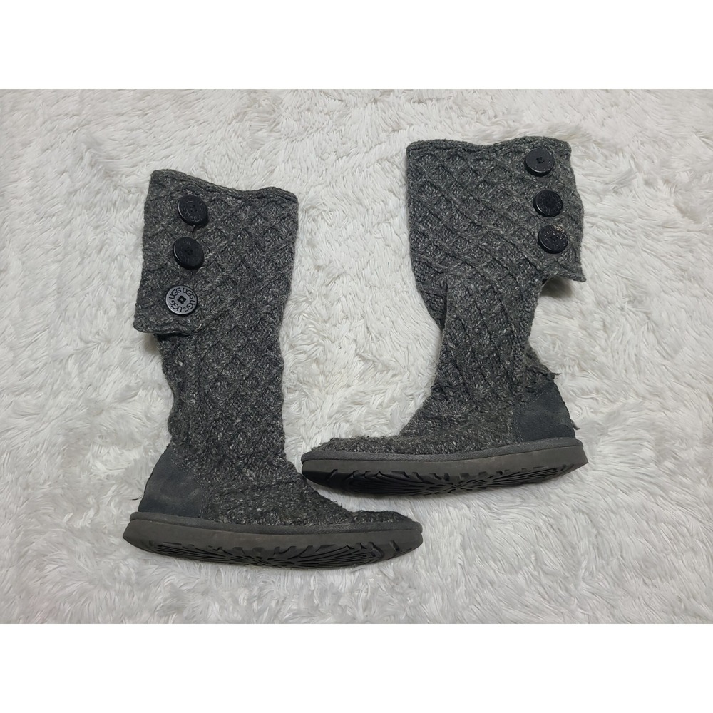 UGG Boots Lattice Cardy‎ Cable Knit 15" Tall 3-Button 3066 Gray Sheep Womens 6